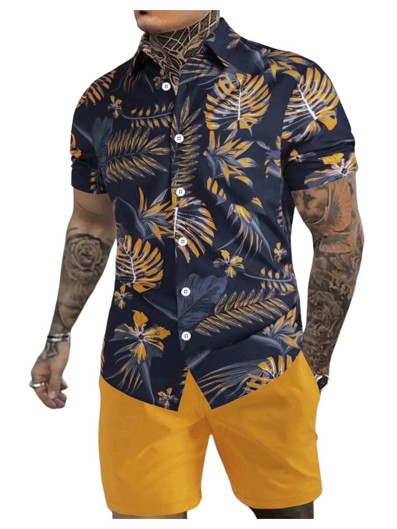 GORGLITTER Men's Vacation Beach Cruise Summer Outfits 2 Piece Shorts Set Hawaiian Button Down Shirt and Shorts Blue and Yellow X-Large