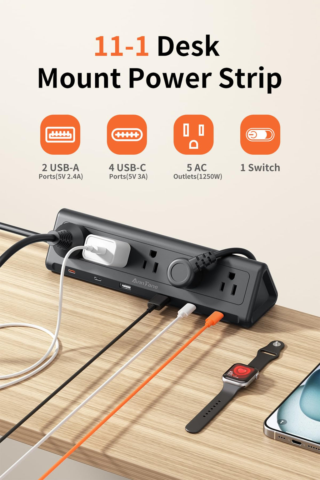 6.5 FT Desk Clamp Power Strip with 5 AC Outlets & 6 USB Ports PD 40W USB-C Fast Charging, 1250J Surge Protector, Fits 2.1 in top Edge Black