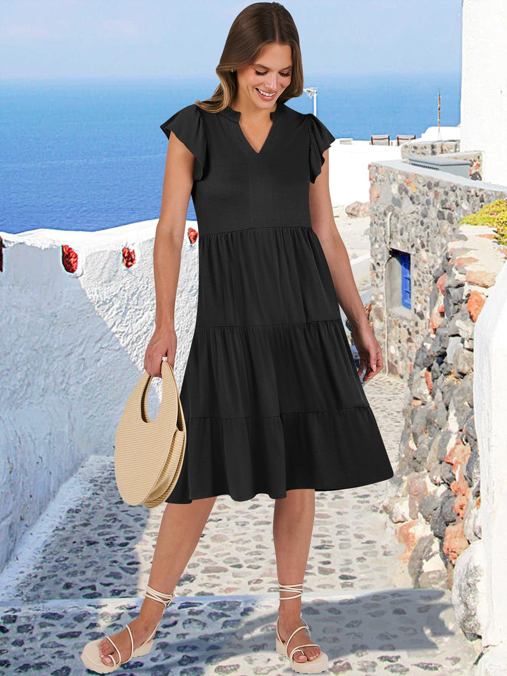 ANRABESS Womens Summer Dress Ruffle Sleeve V Neck Midi Dresses Fashion Casual Fit Flowy Tiered Boho Beach Vacation Sundress Black-XL