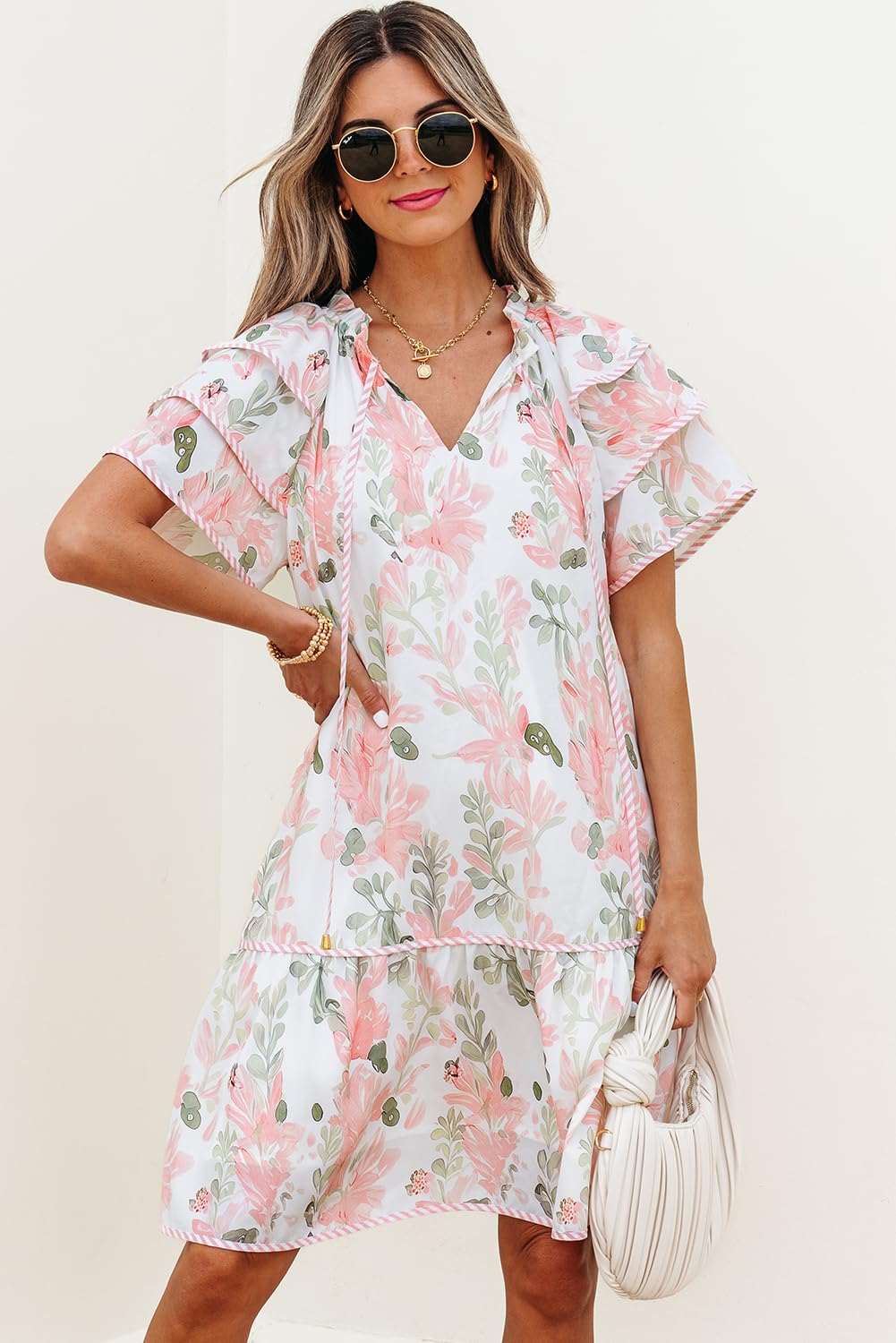 Dokotoo Summer Dresses for Women 2026 Boho Floral Print Ruffle Short Sleeve V Neck Drawstring Tie Casual Elegant Bohemian Cute Flowy Babydoll Sun Dress Party Wedding Guest Sundresses Pink Small