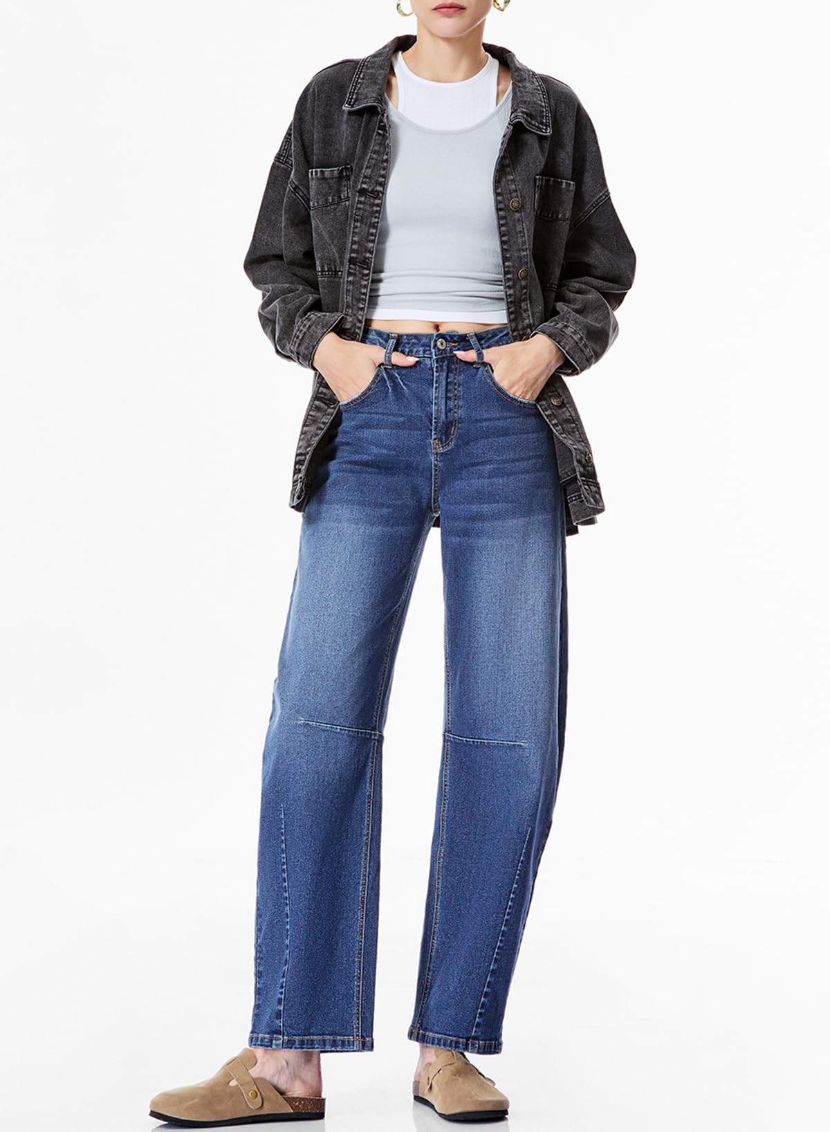 Sidefeel Women's Barrel Jeans Wide Leg Vintage Mid Rise Y2k Baggy Boyfriend Denim Pants Size 8 Blue