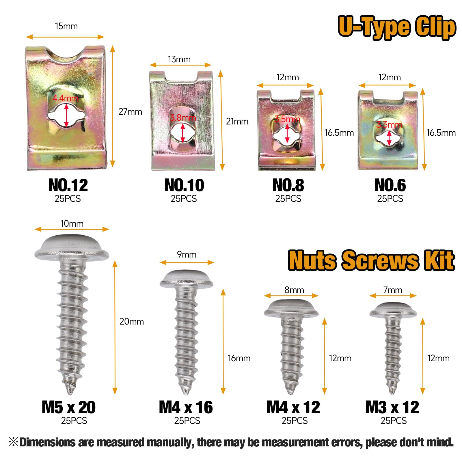 Automotive Screws and Clips, 100PCS Car U‑Clips Nuts 6/8/10/12 Assortment Interior Trim Fasteners with Stainless Steel Screws for Dash Door Panel Interior