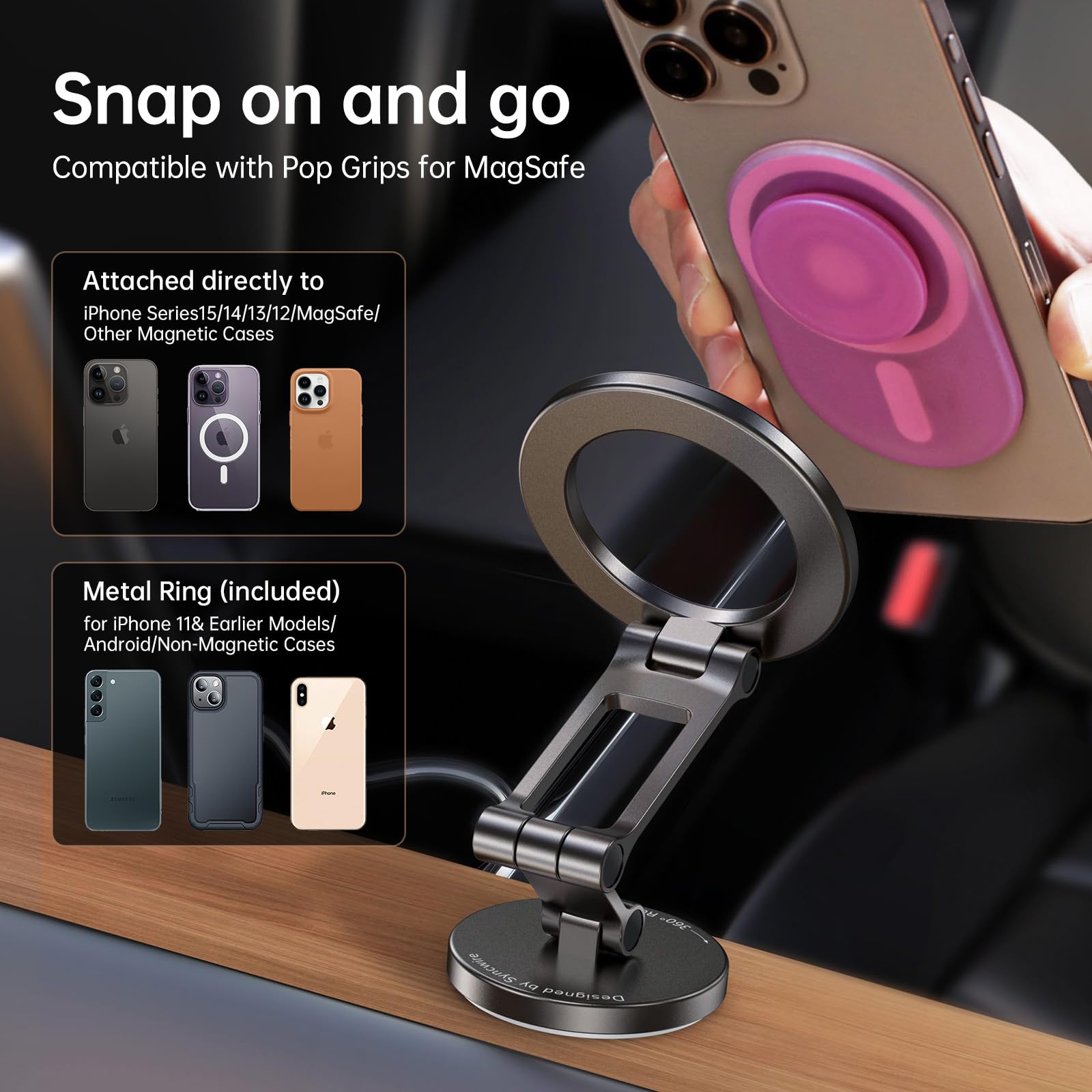 Syncwire Fits MagSafe Car Mount for Car Dash&Tesla Screen[All-Metal] Magnetic Phone Holder, [Flexible Three-axis]360° Rotation Car Mount Strong Magnets Car Phone Holder for iPhone 17 16 15 14 Pro Max