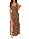 ANRABESS Womens Sexy V Neck Sleeveless Wedding Guest Dresses Spring Mesh Bodycon High Slit Ruffle Hem Cocktail Maxi Dress Coffee Small