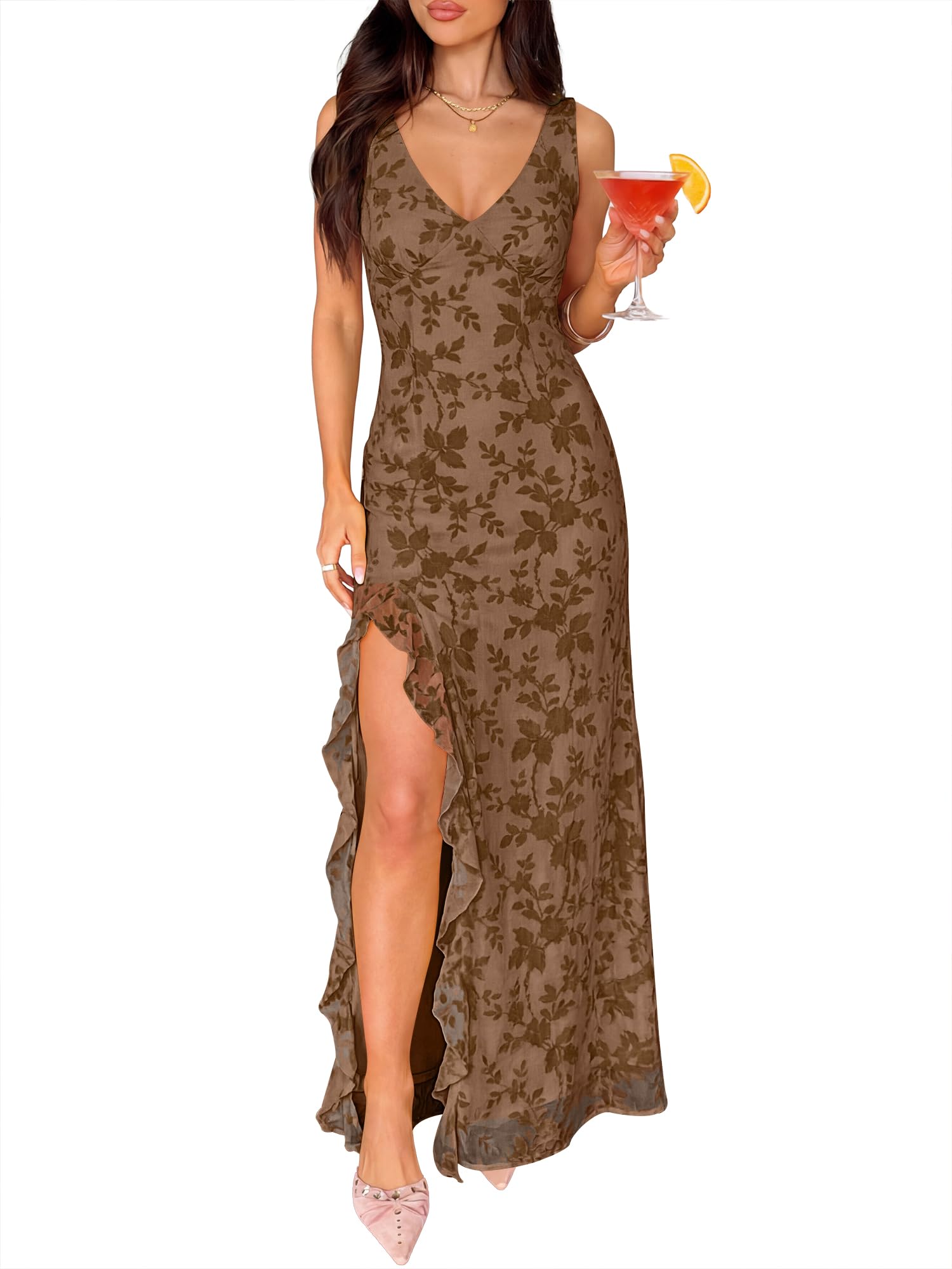 ANRABESS Womens Sexy V Neck Sleeveless Wedding Guest Dresses Spring Mesh Bodycon High Slit Ruffle Hem Cocktail Maxi Dress Coffee Small