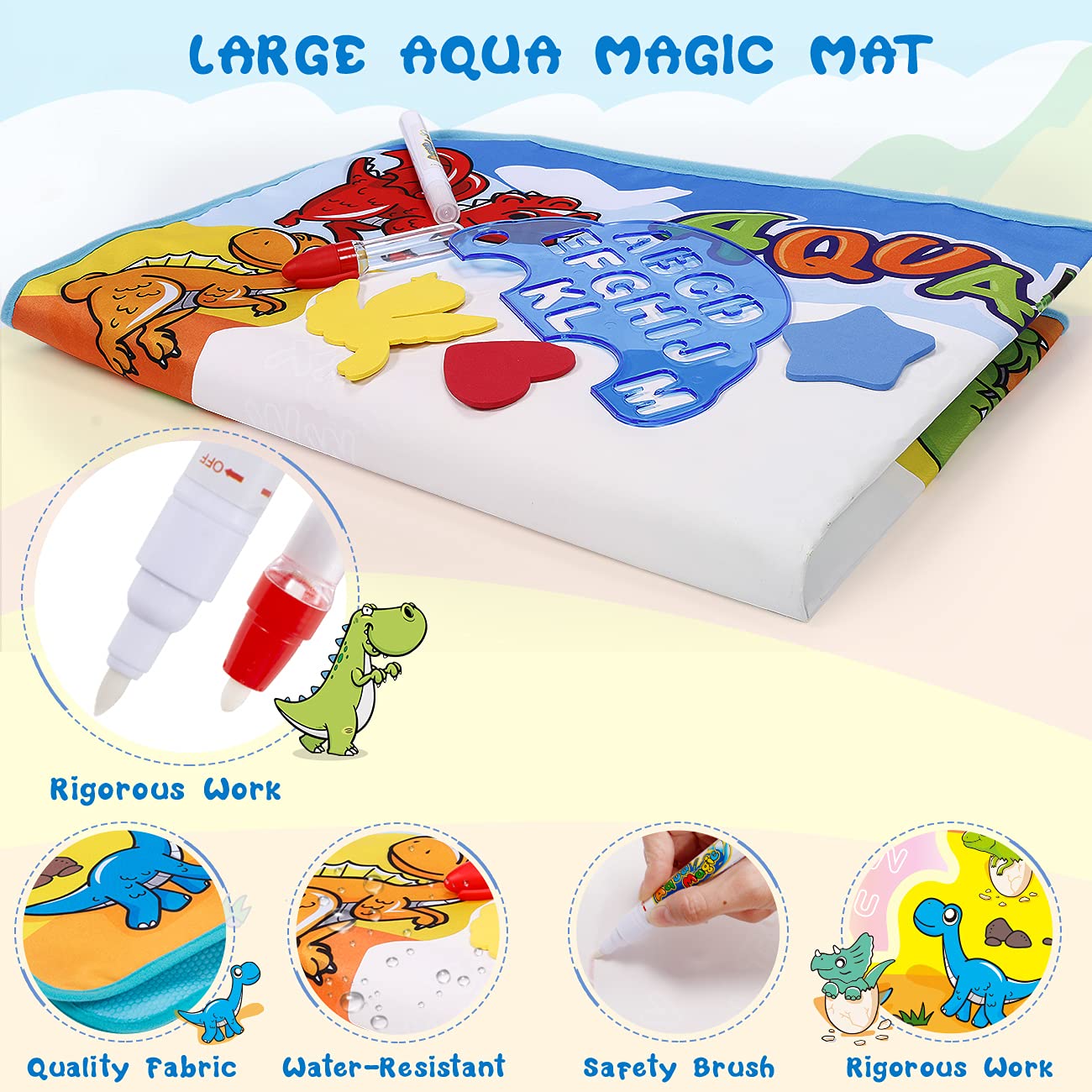 Kids Dinosaur Water Doodle Mat - Large Mess Free Coloring Painting Pad Drawing Magic Water Canvas Toddler 1-3 Reusable Floor Outdoor Art Toy Education Birthday Valentines Day Gifts Boys Girls Ages 2-4