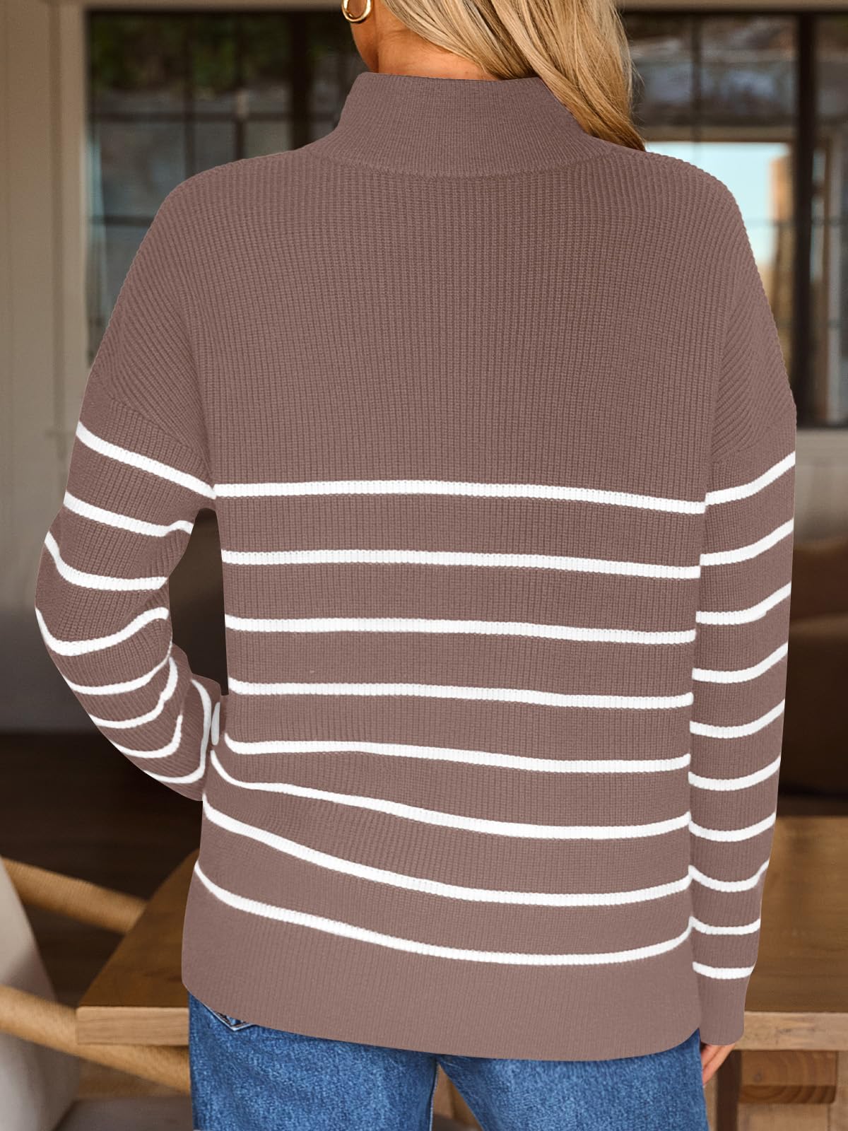 LILLUSORY Women's Quarter Zip Striped Oversized Sweater 2026 Mock Turtleneck Fall Fashion Outfit Nutmeg-White L