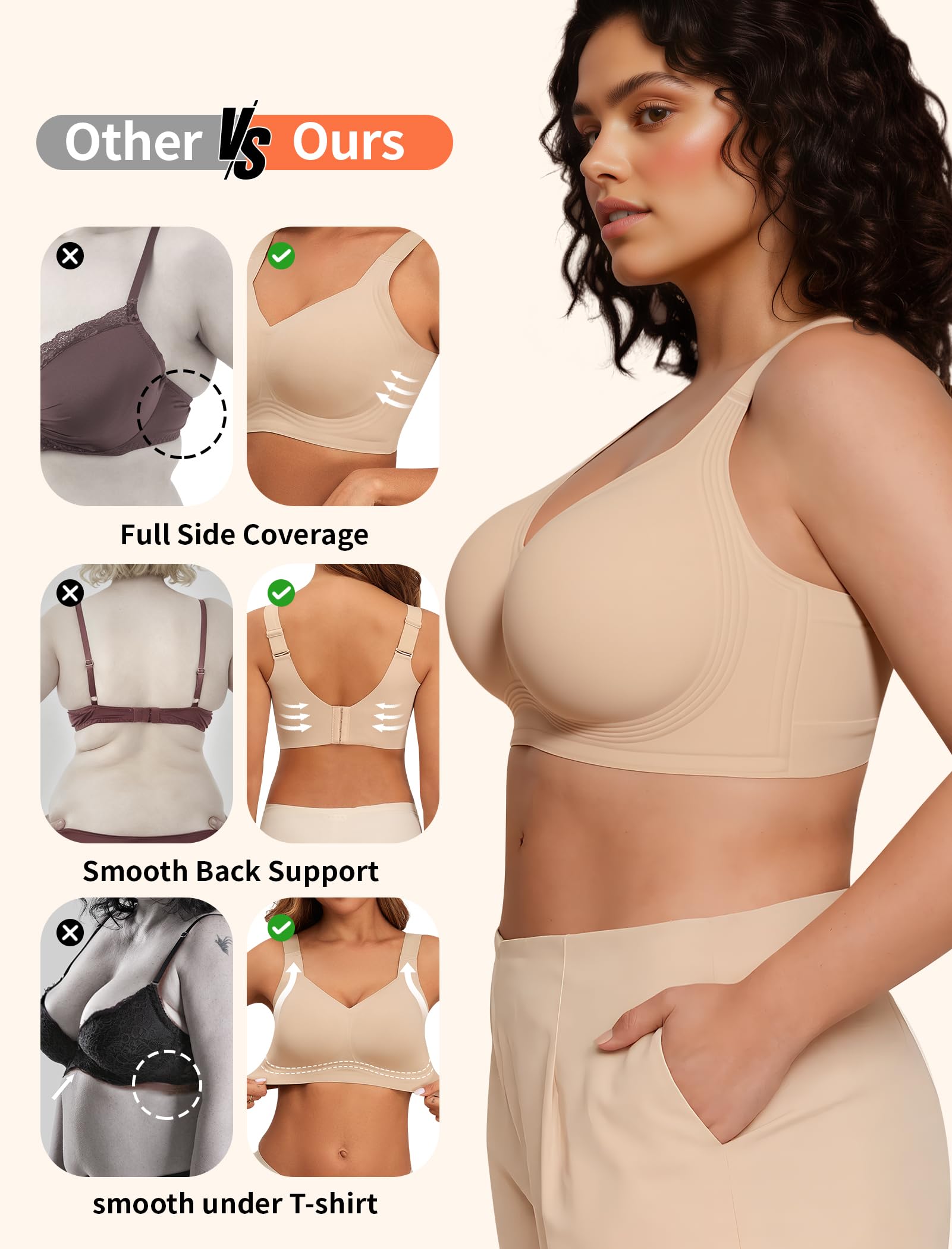 PoseFree Womens Bras No Underwire Full Support Back Fat Smoothing Bralette Wireless Push Up Plus Size Sports Bra (Nude,L)