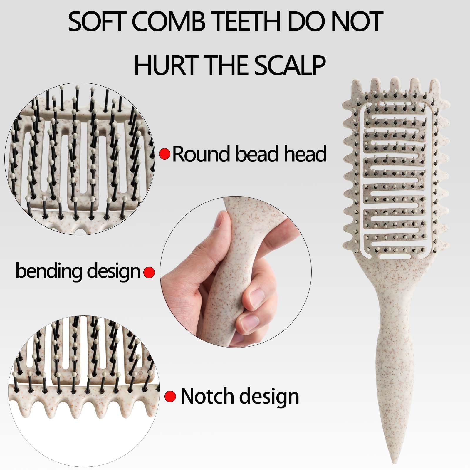 Curl Defining Brush for Curly Hair, Vented Detangling Hair Brush for Wet and Dry Styling, Curved Brush for Shaping and Smoothing Curl Clumps, Lightweight Hair Brush （Beige）