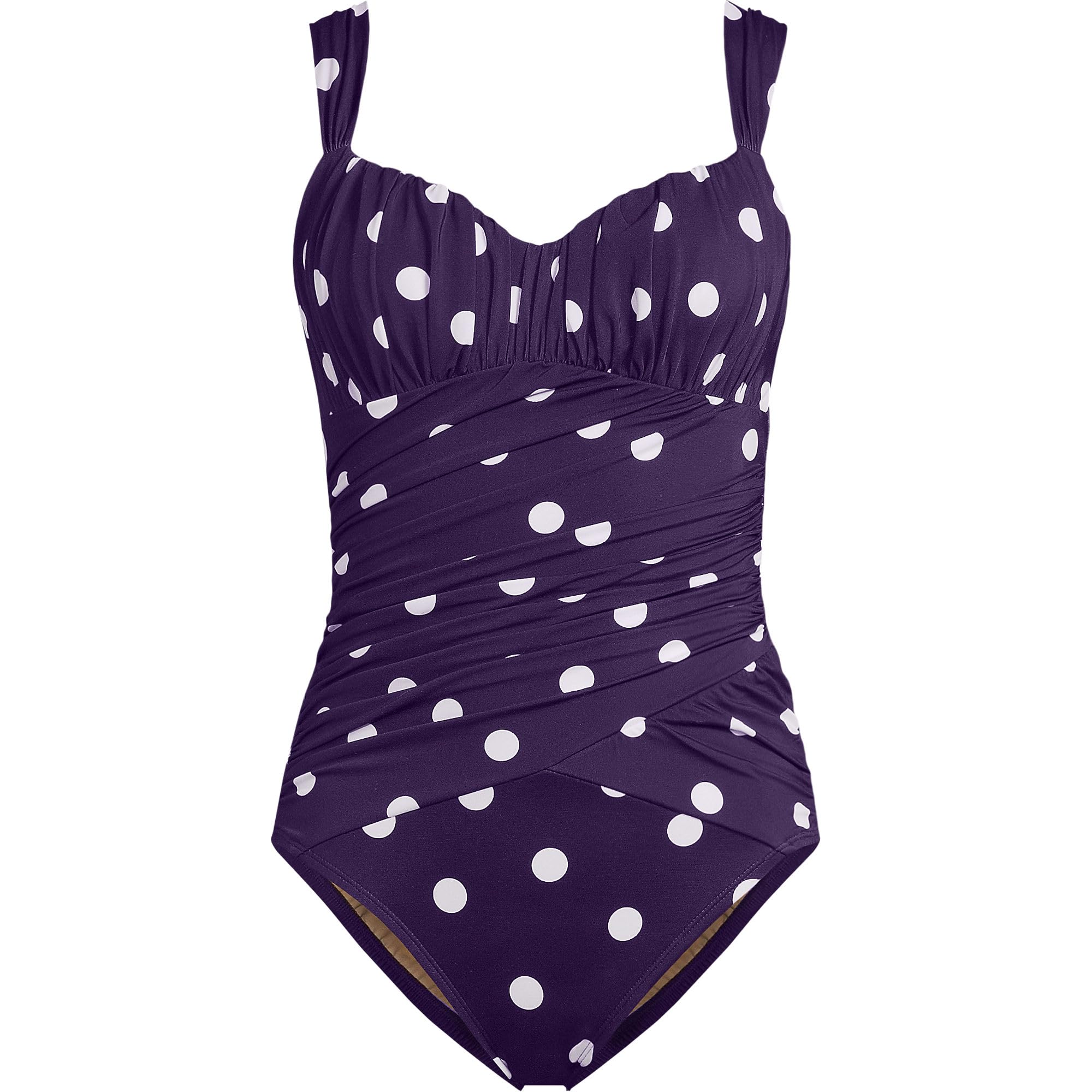 Lands' End Women's Slender Lite Sweetheart Shirred One Piece 2 BlackBerry Polka Dot