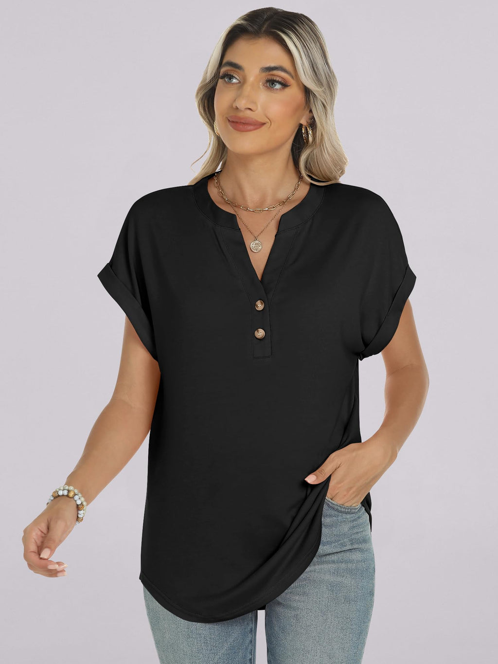 ANRABESS Womens Short Sleeve Henley Tops V Neck Dressy Casual Blouses Summer Trendy Tee Shirts 2026 Vacation Fashion Clothes Black XL