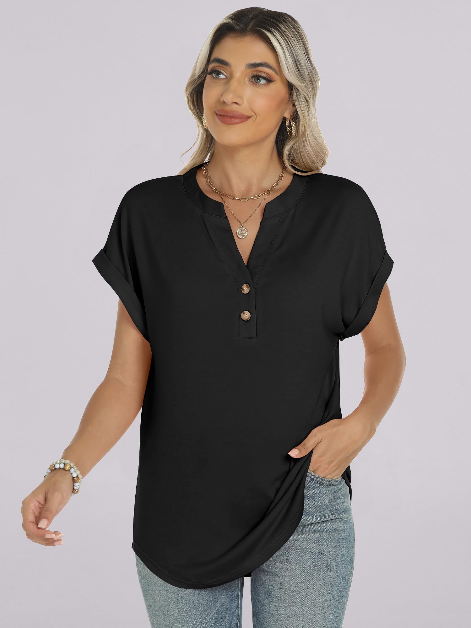 ANRABESS Womens Short Sleeve Henley Tops V Neck Dressy Casual Blouses Summer Trendy Tee Shirts 2026 Vacation Fashion Clothes Black XL