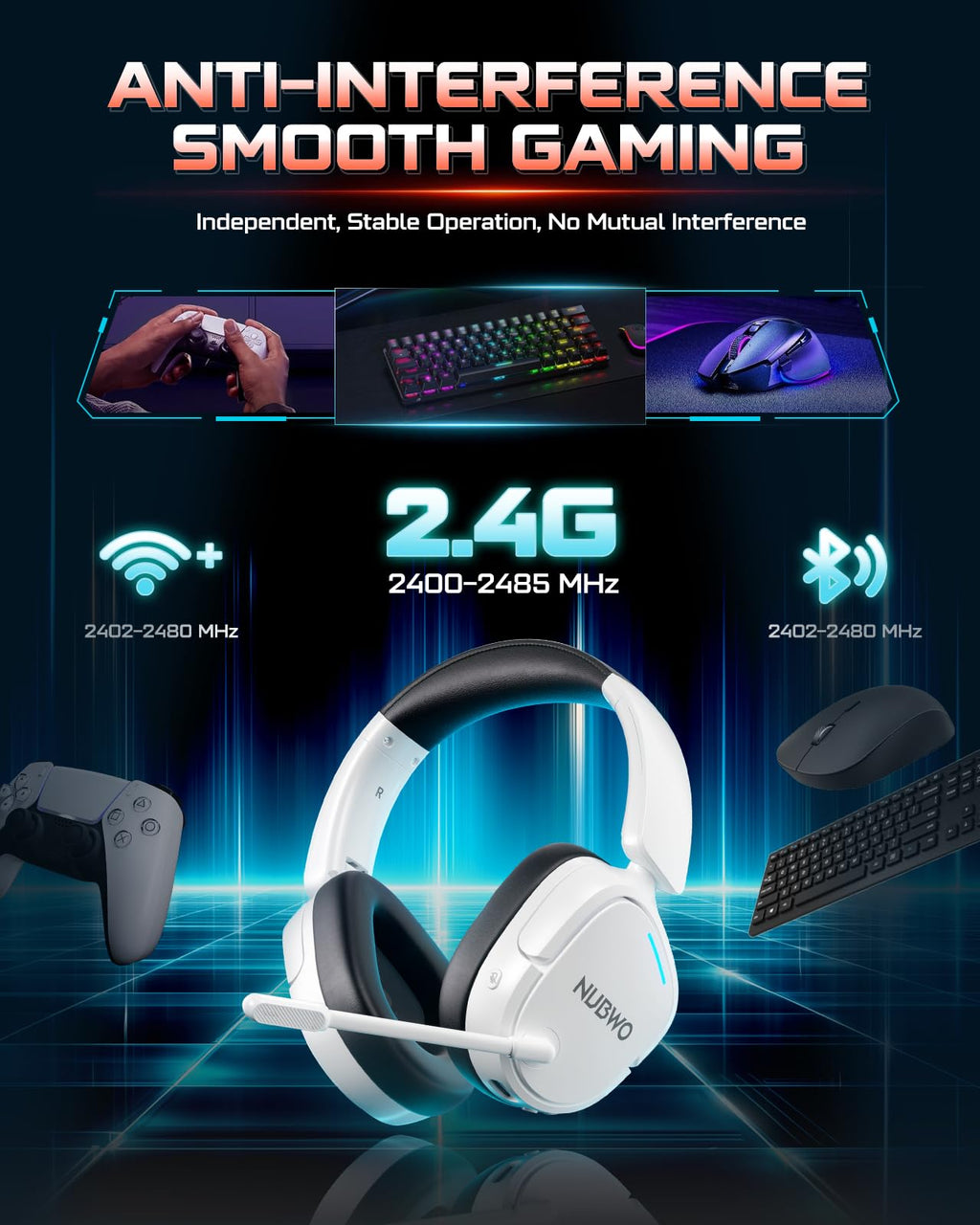 NUBWO Gaming Headset Wireless for PS5, PC, PS4 - Dual 2.4G & Bluetooth Simultaneous Headphones, EQ Sound Modes, Noise-Canceling Mic, 50-Hour Battery, Comfortable Foldable Design, 270g Lightweight