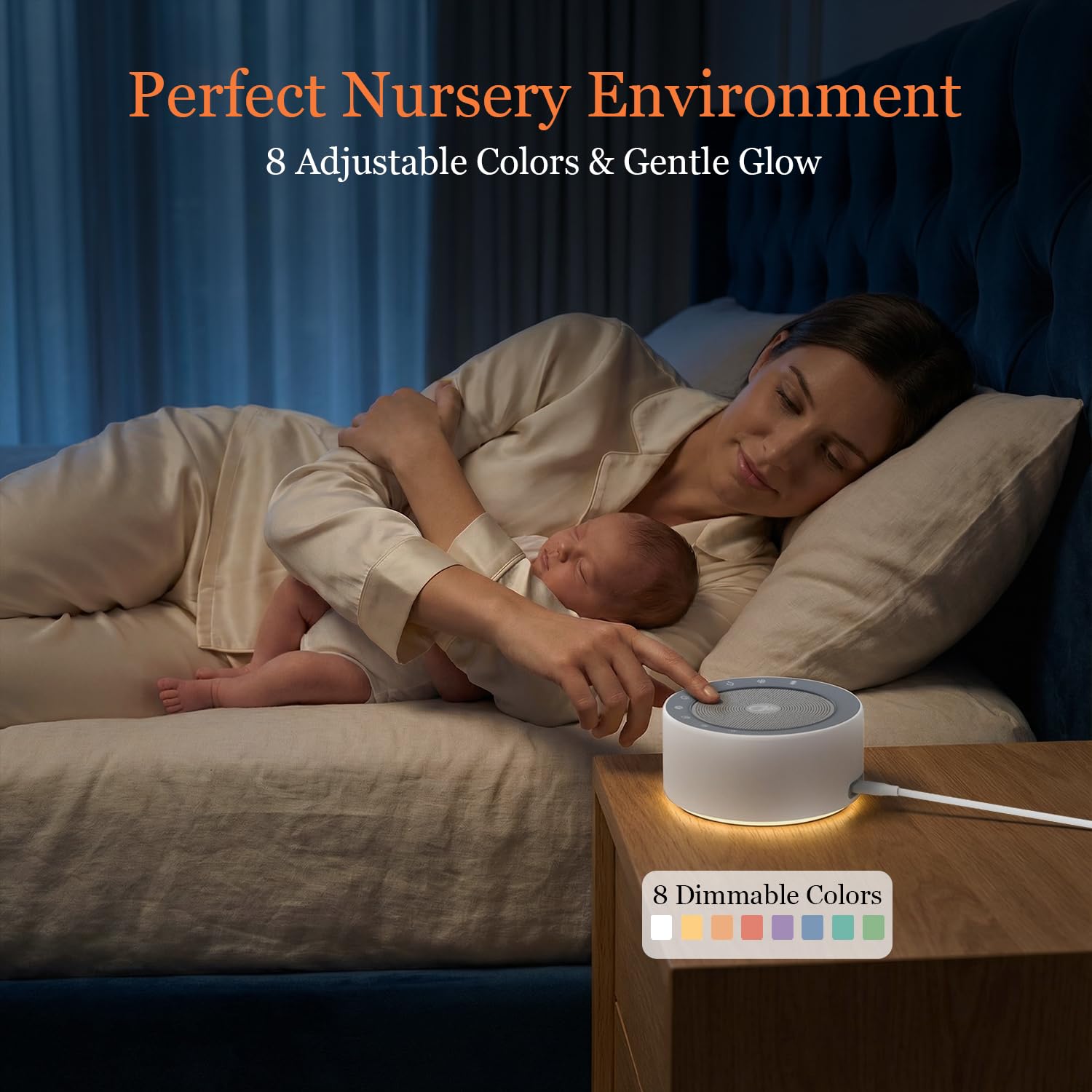 Kipcush White Noise Machine with Night Light – Nursery Sound Machine with Soft Non-Glare Lamp, 30 Soothing Sounds, 8 Color Lights, Up to 8-Hour Timer for Baby & Adults