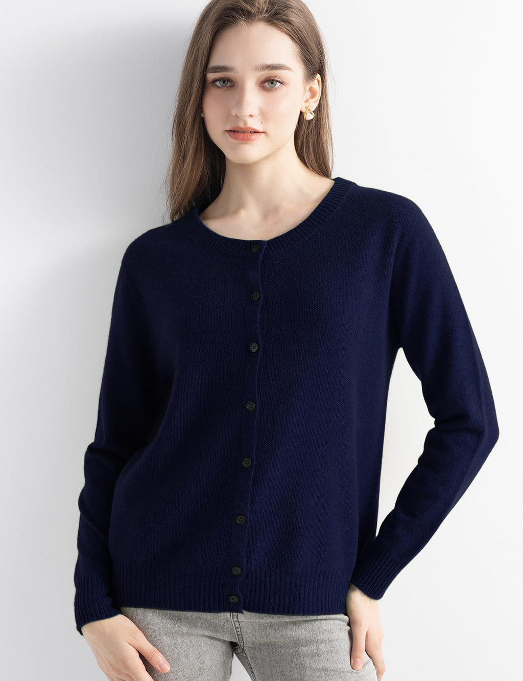 Chanyarn Women's 100% Pure Cashmere Cardigan Crew Neck Long Sleeve 2025 Fall Winter Warm Soft Knit Cardigan Sweater (Navy Blue,M)