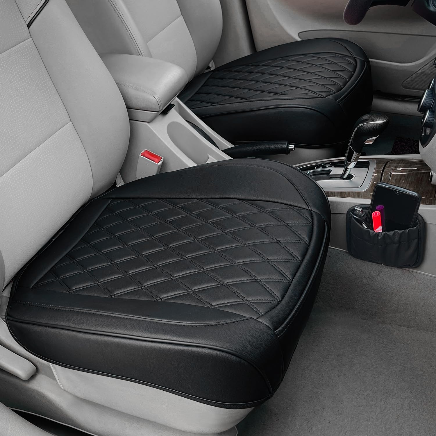 BEITK 2 Pack Leather Front Car Seat Cover, Anti-Slip and Full Wrap Driver Car Seat Protectors with Storage Pocket, Luxury Waterproof Bottom Auto Seat Cushion Pad Mat for Most Vehicles(Black)