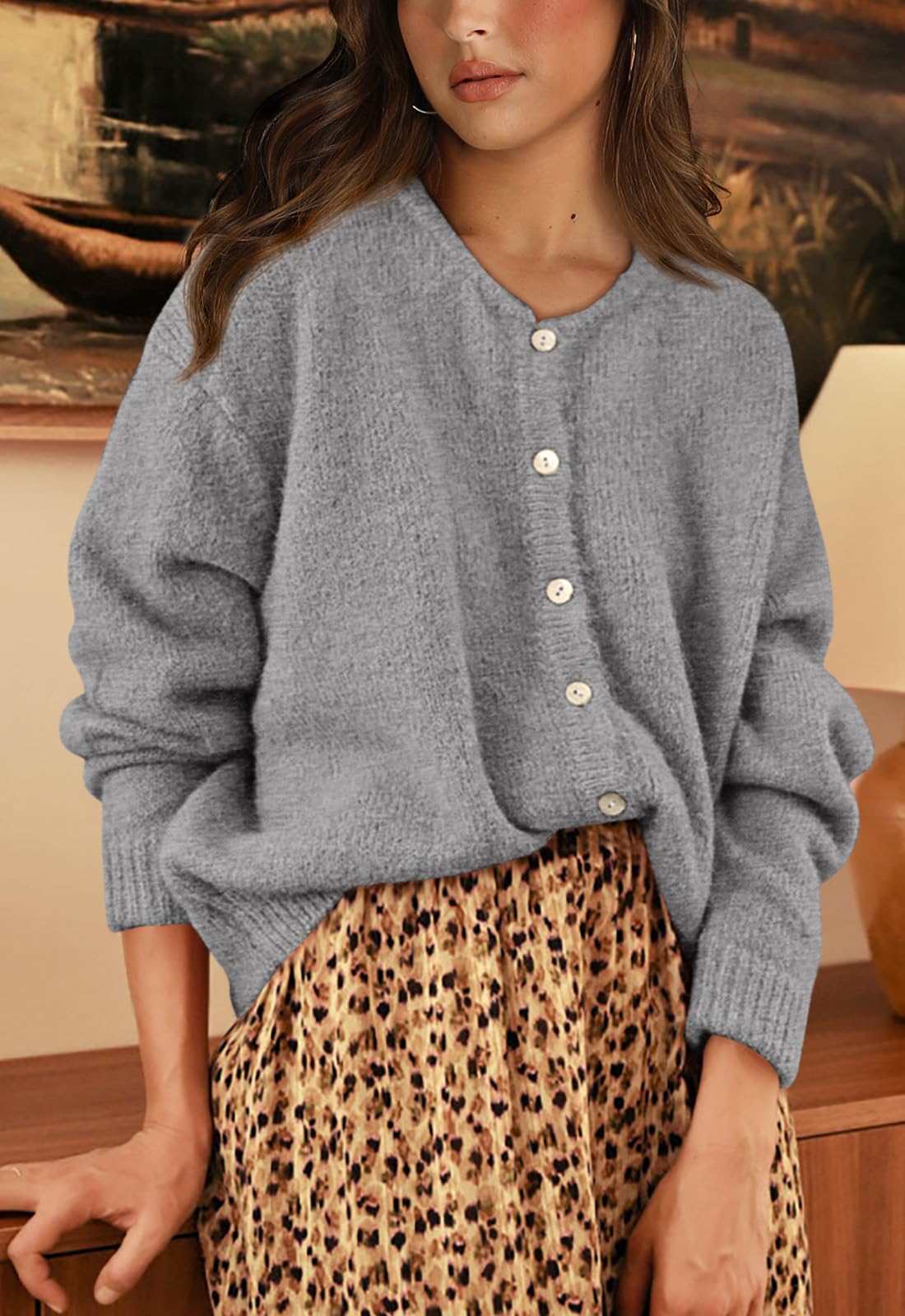PRETTYGARDEN Long Sleeve Crewneck Button Down Womens Sweaters Fall Open Front Chunky Cardigan Sweaters for Women 2026 (Grey, Medium)