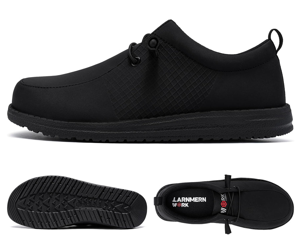 LARNMERN Slip On Steel Toe Shoes Men Lightweight Comfortable Lounging Walking Sneakers Safety Work Steel Toe Loafers (12 Men, Black Leather)