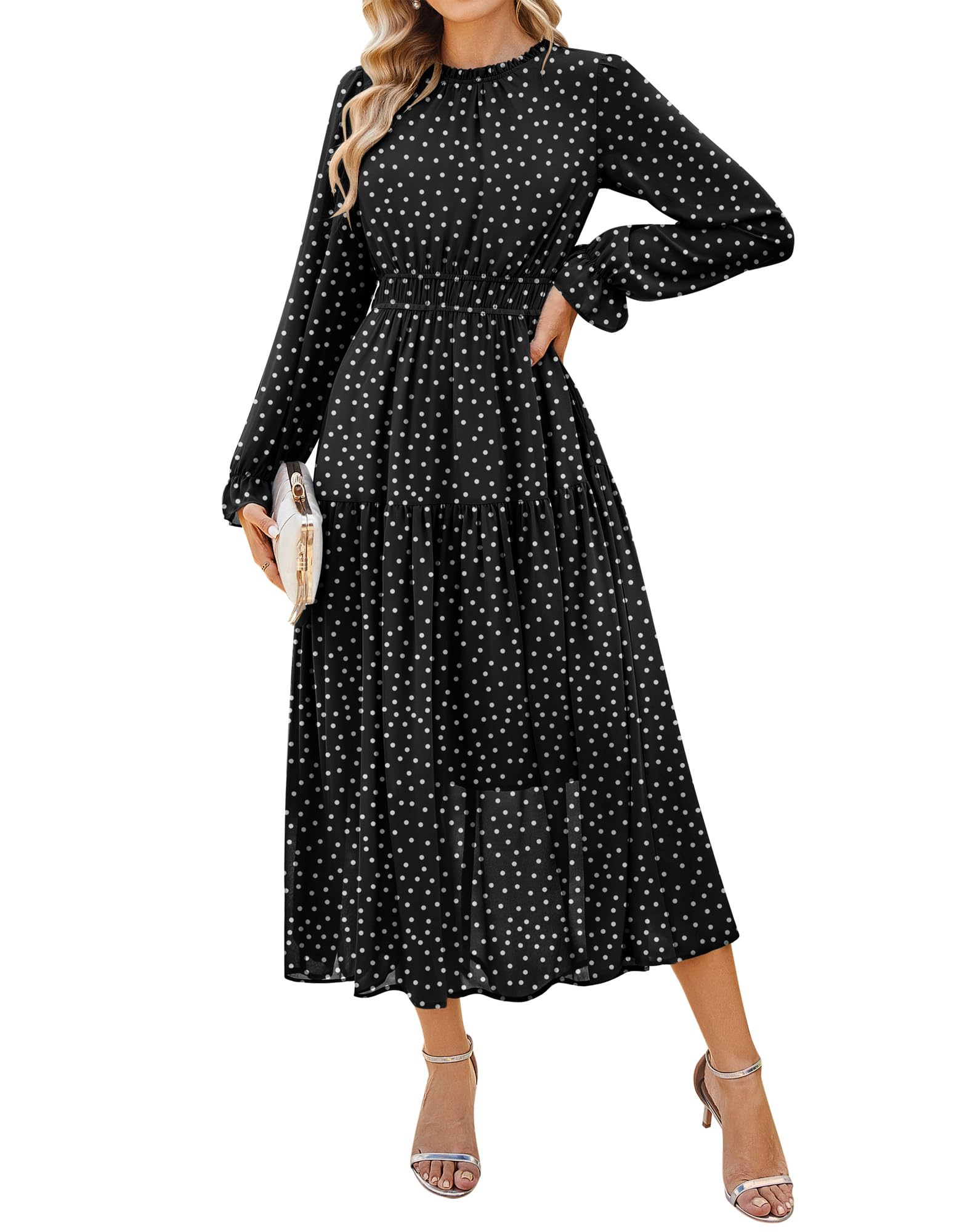 GRACE KARIN Fall Wedding Guest Dresses for Women Round Neck Long Sleeve Dress Floral Tiered Maxi Dress with Pockets Black XL