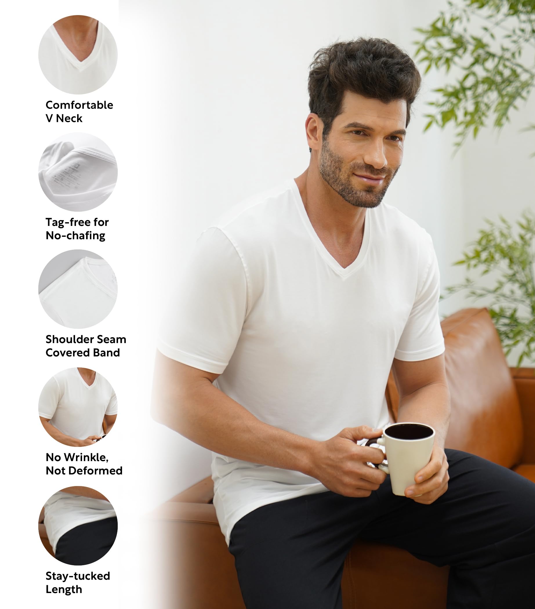 DAVID ARCHY Men's Undershirts Micro Modal Ultra Soft T-Shirts Stretch Moisture-Wicking V-Neck Tees for Men, 3-Pack (XL, White)