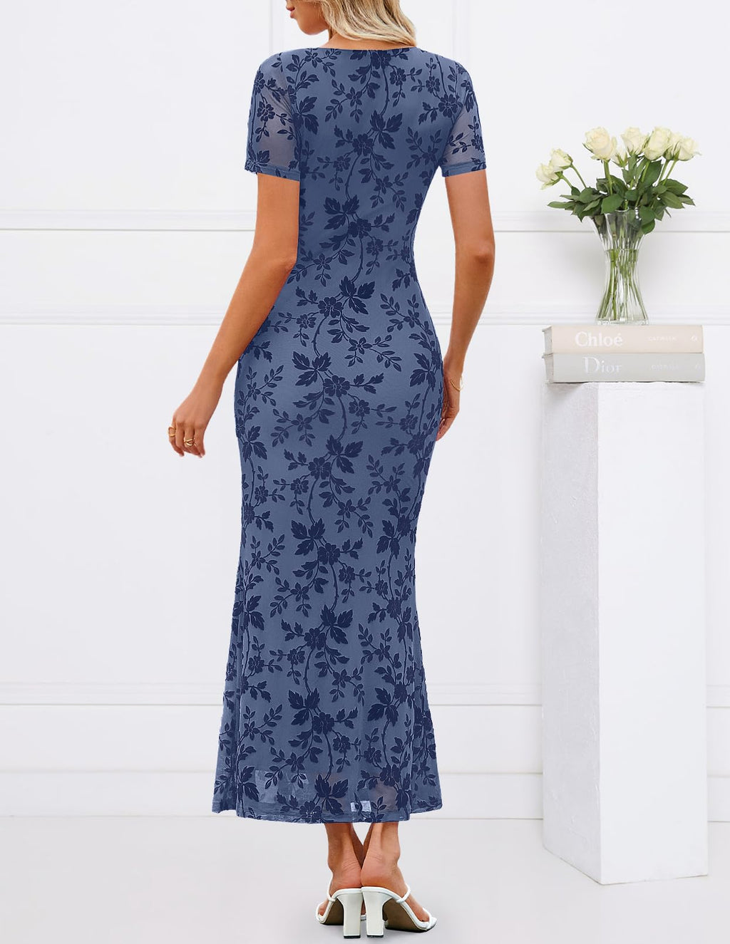 MEROKEETY Women Summer Floral Bodycon Maxi Dress 2026 Spring Wedding Guest Square Neck Short Sleeve Mesh Cocktail Party Dress, Dusty Blue, X-Small