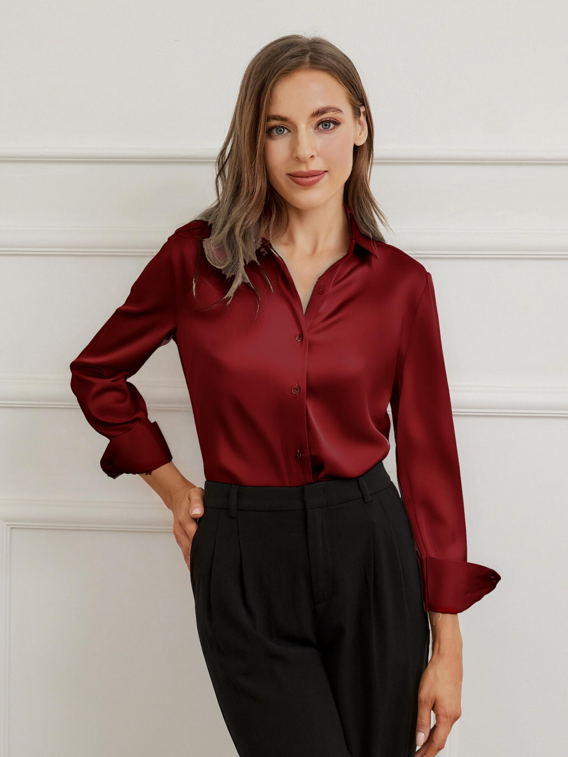 Damipow Satin Silk Button Down Shirts for Women Dress Shirts Long Sleeve Blouses Womens Shirt,Burgundy,M