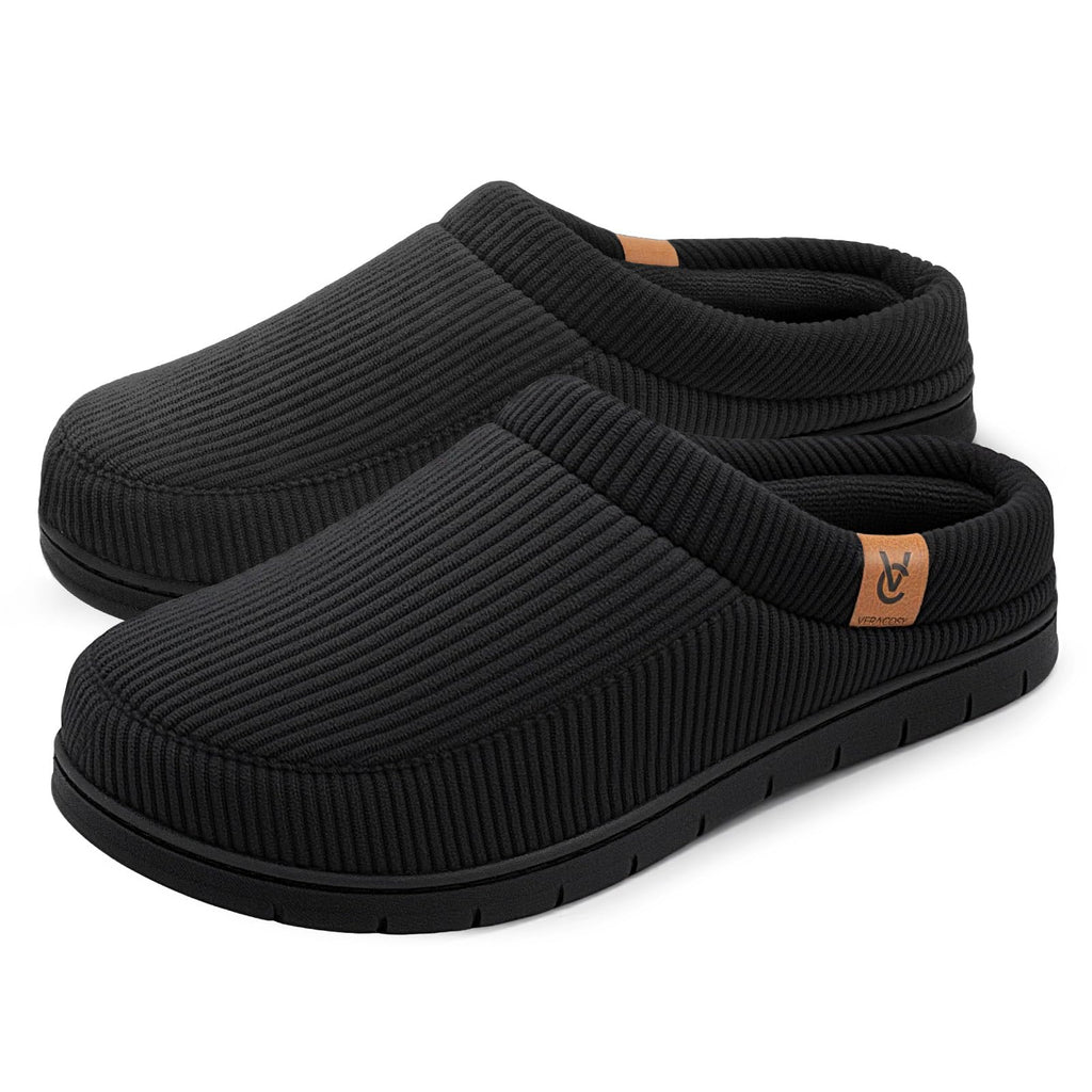 VeraCosy Men's Moccasin Slippers Comfy Soft Durable Slip-on Indoor Memory Foam House Shoes Matt Black,11-12 US
