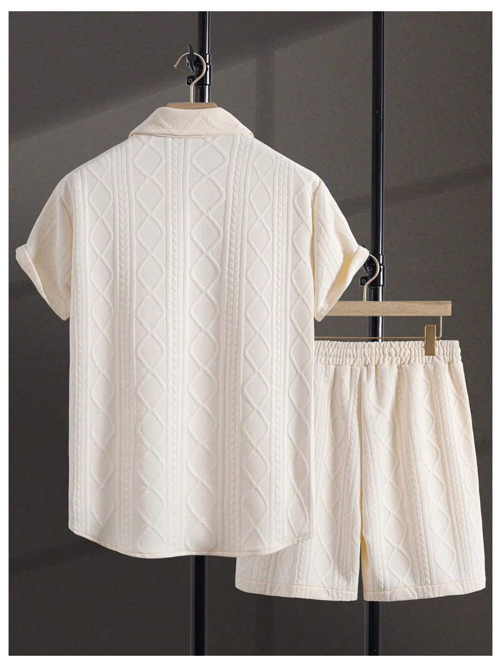 GORGLITTER Men's 2 Piece Outfits Waffle Knit Button Down Shirt Top and Shorts Set Beige Large
