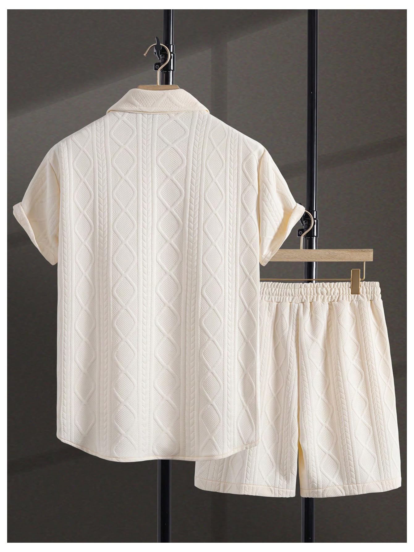 GORGLITTER Men's 2 Piece Outfits Waffle Knit Button Down Shirt Top and Shorts Set Beige Large