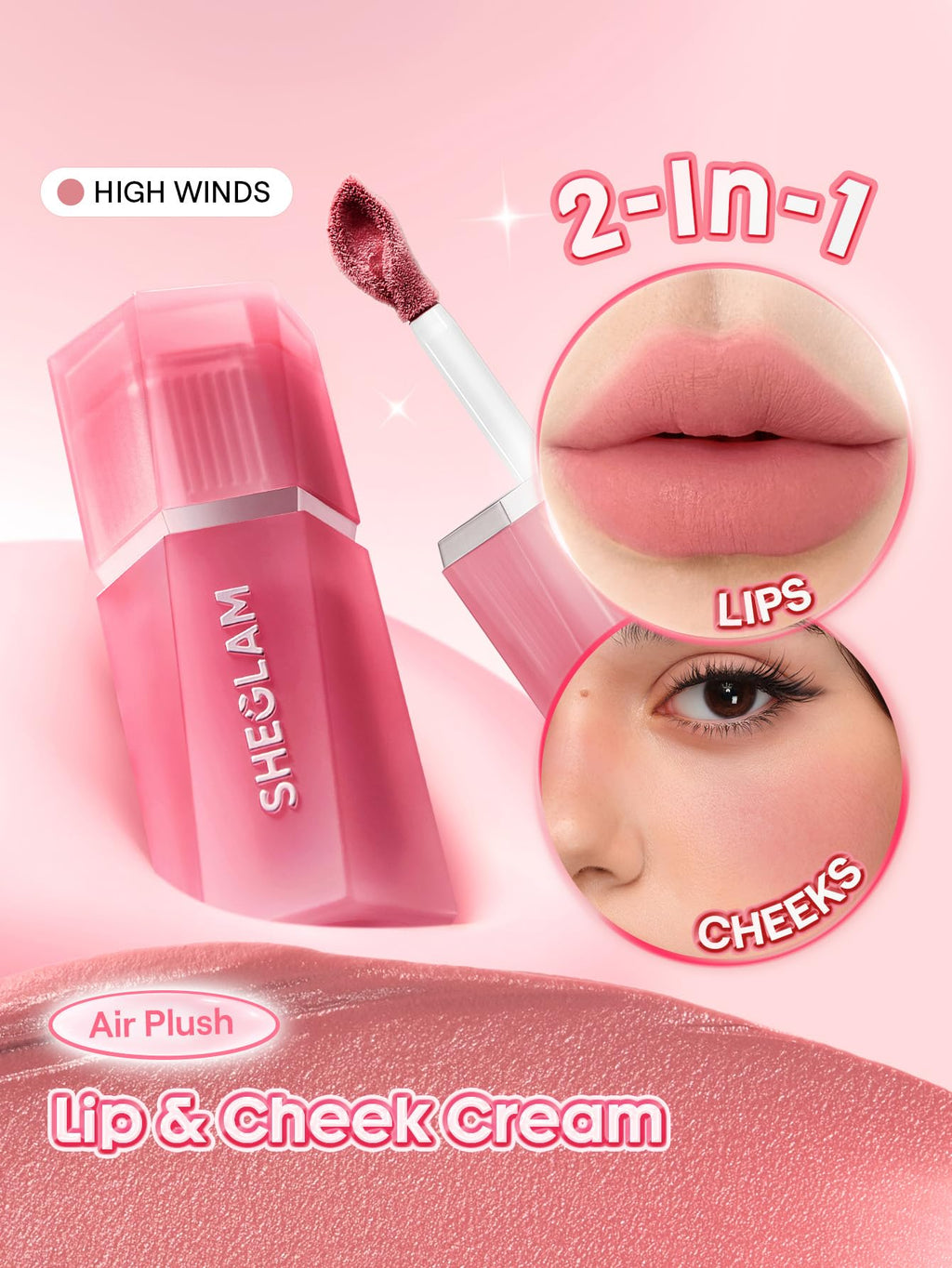 SHEGLAM Air Plush Lip & Cheek Cream Long-lasting Multi-Use Liquid Blush & Lip Stain-025 High Winds