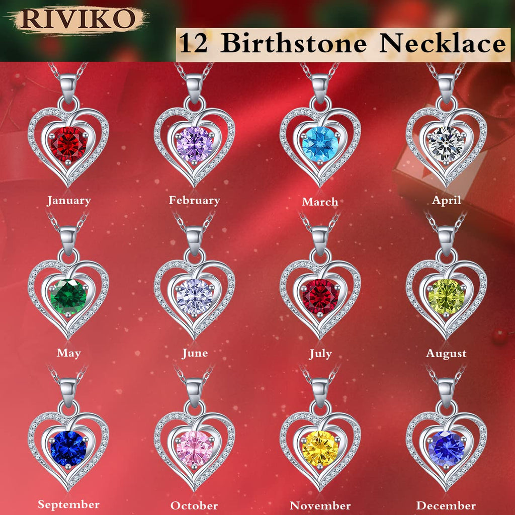RIVIKO Heart Birthstone Pendant Necklace for Women 925 Sterling Silver Zirconia February Necklaces Christmas Valentine's Day Mothers Day Jewelry Gifts For Her Mother Wife