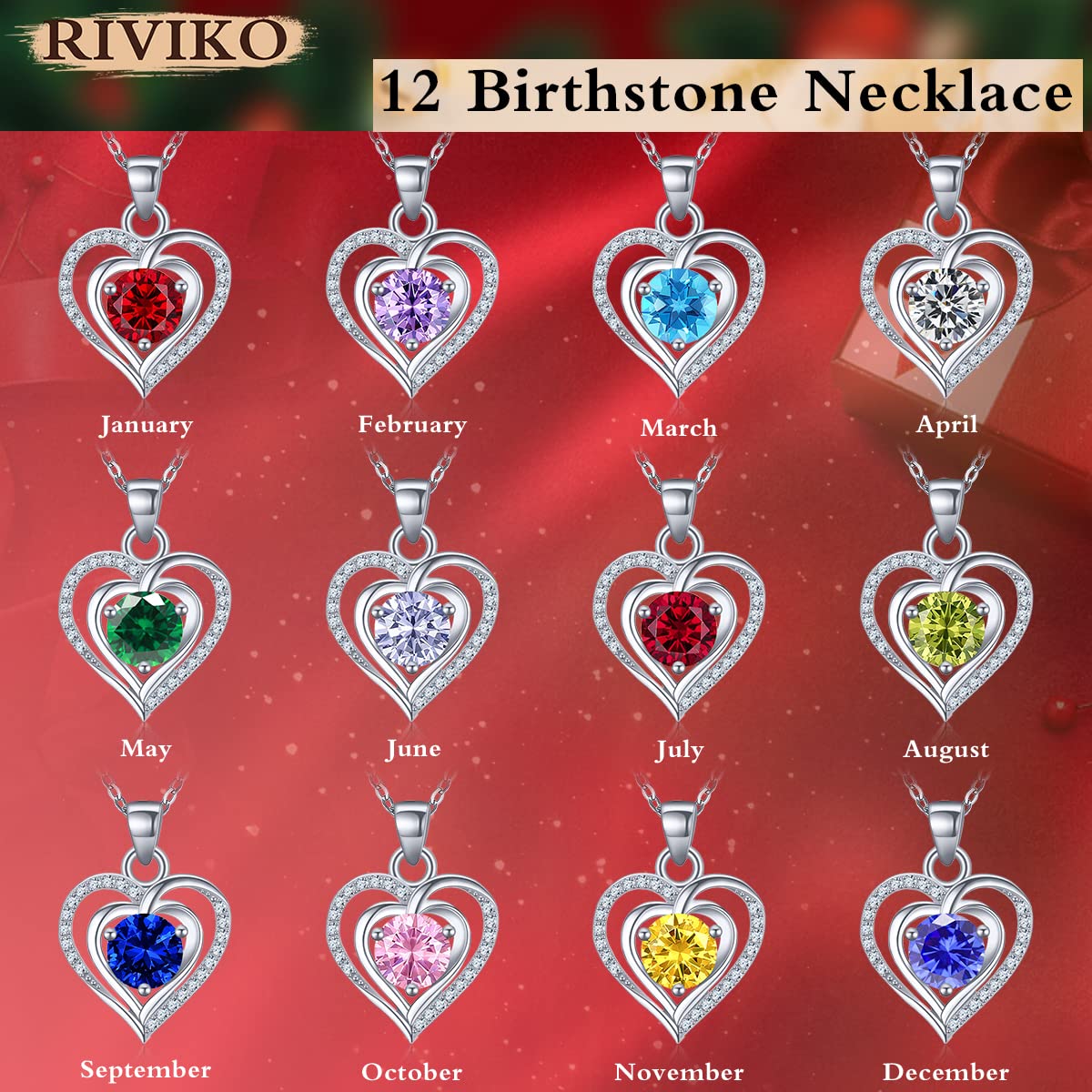 RIVIKO Heart Birthstone Pendant Necklace for Women 925 Sterling Silver Zirconia February Necklaces Christmas Valentine's Day Mothers Day Jewelry Gifts For Her Mother Wife