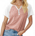 MaQiYa Womens Short Sleeve Summer Tops Trendy V Neck T Shirts Casual Color Block Raglan Shirts Cotton Baseball Tunic Tees Z-Pink