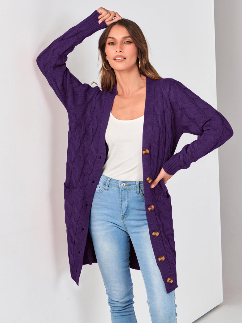 PRETTYGARDEN Long Sleeve Cable Knit Long Cardigan for Women 2026 Spring Winter Chunky Open Front Button Sweaters with Pockets (Deep Purple, Small)