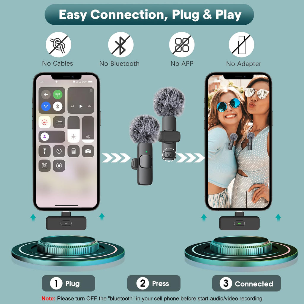 MAYBESTA Wireless Mini Microphone for iPhone, Android Phone - Bluetooth Lavalier Lapel Mic for Audio Video Recording - Clip on Content Creator Microphones for YouTube Tiktok Podcast Vlogging