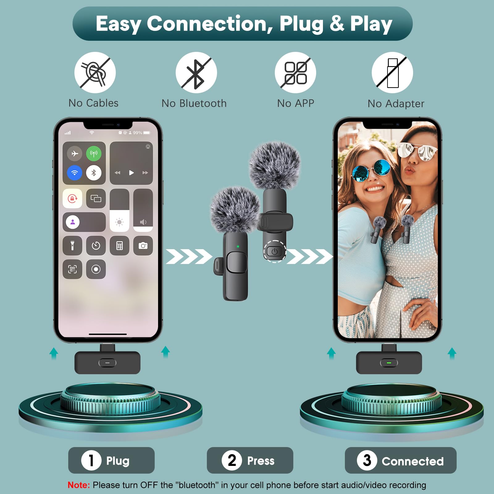 MAYBESTA Wireless Mini Microphone for iPhone, Android Phone - Bluetooth Lavalier Lapel Mic for Audio Video Recording - Clip on Content Creator Microphones for YouTube Tiktok Podcast Vlogging