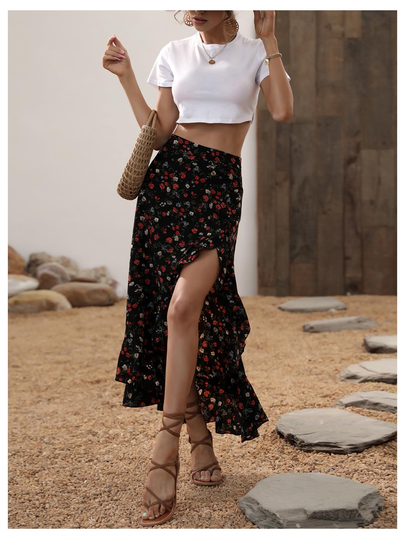 WDIRARA Women's Boho Floral Print Ruffle Maxi Skirt High Waisted Split Long Skirts Multicolor X-Large