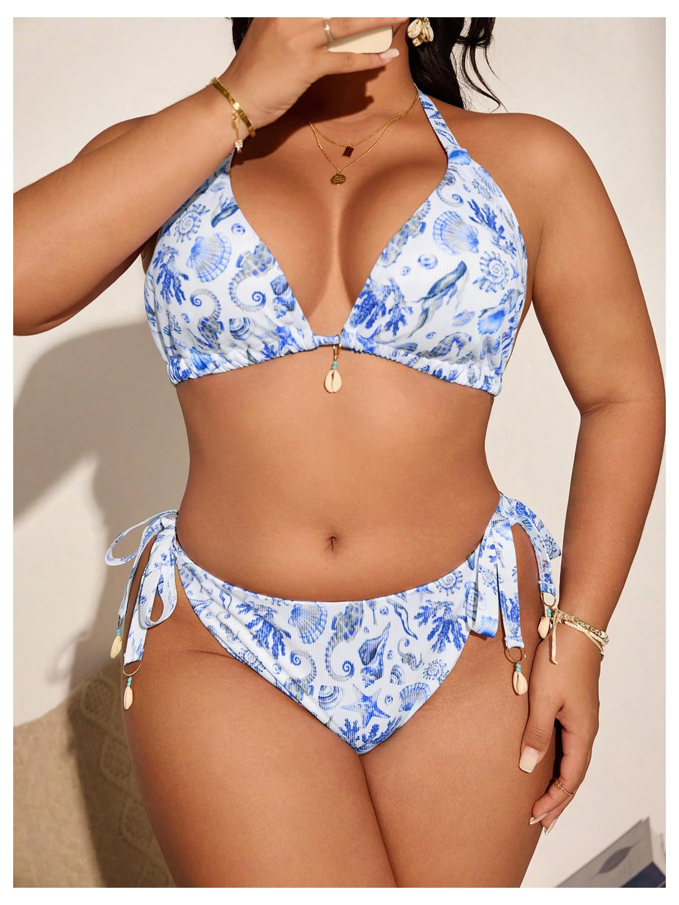 WDIRARA Women's Plus Size 2 Piece Swimsuit Starfish Print Halter String Bikini Set Tie Side Bathing Suits Blue and White XX-Large Plus