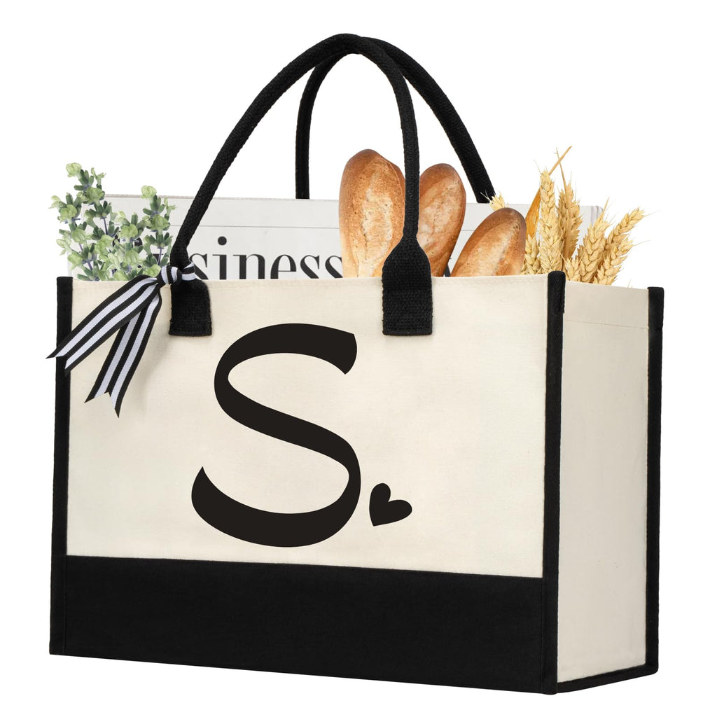 shenee Initial Canvas Tote Bag, Personalized Beach Jute Bag Present for Women Holiday, Friends Birthday Gift, Beach, Wedding (Letter S)