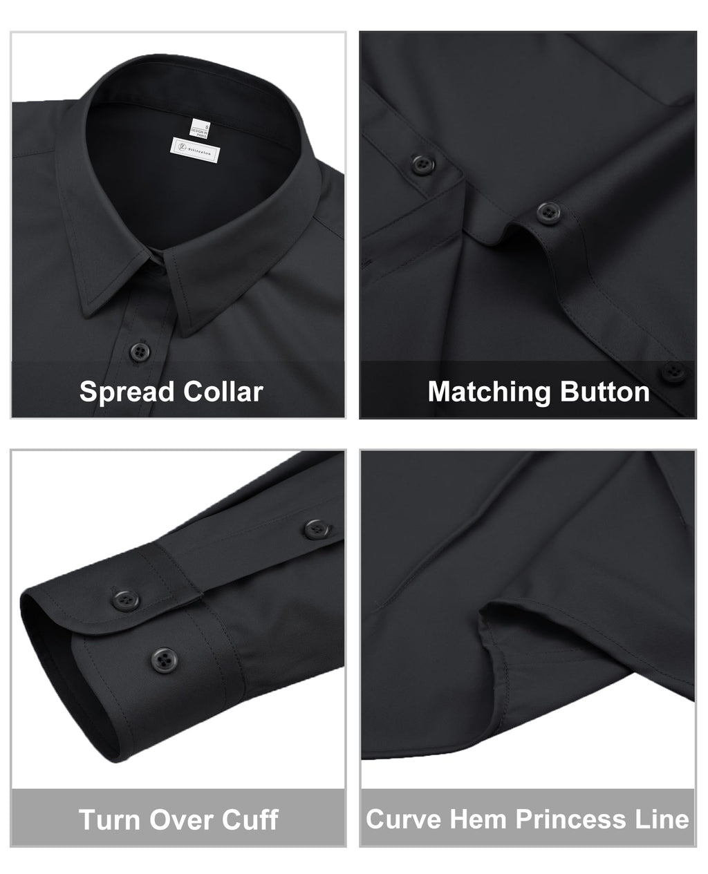 siliteelon Womens Classic-Fit Dress Shirts Long Sleeve Button Down Wrinkle-Free Stretch Solid Casual Work Office Blouse Top Black Medium