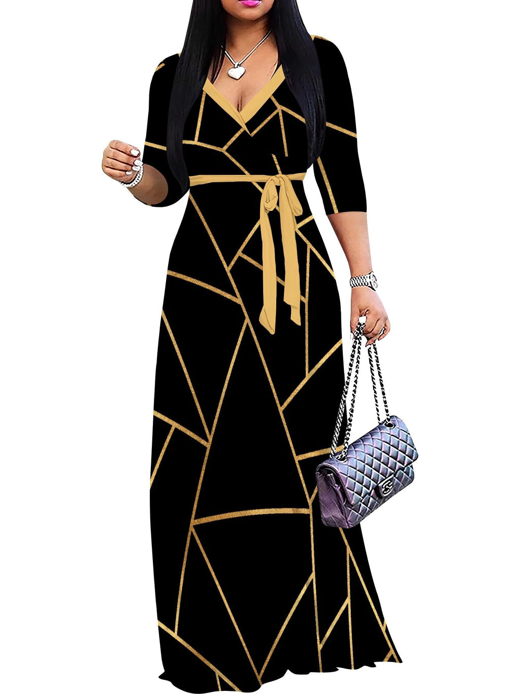 PinkPatty Plus Size Maxi Dress for Women 3/4 Sleeve V Neck Long Dress Casual Party Sundress with Belt (A-Gold-Striped Patchwork/Black 2XL)