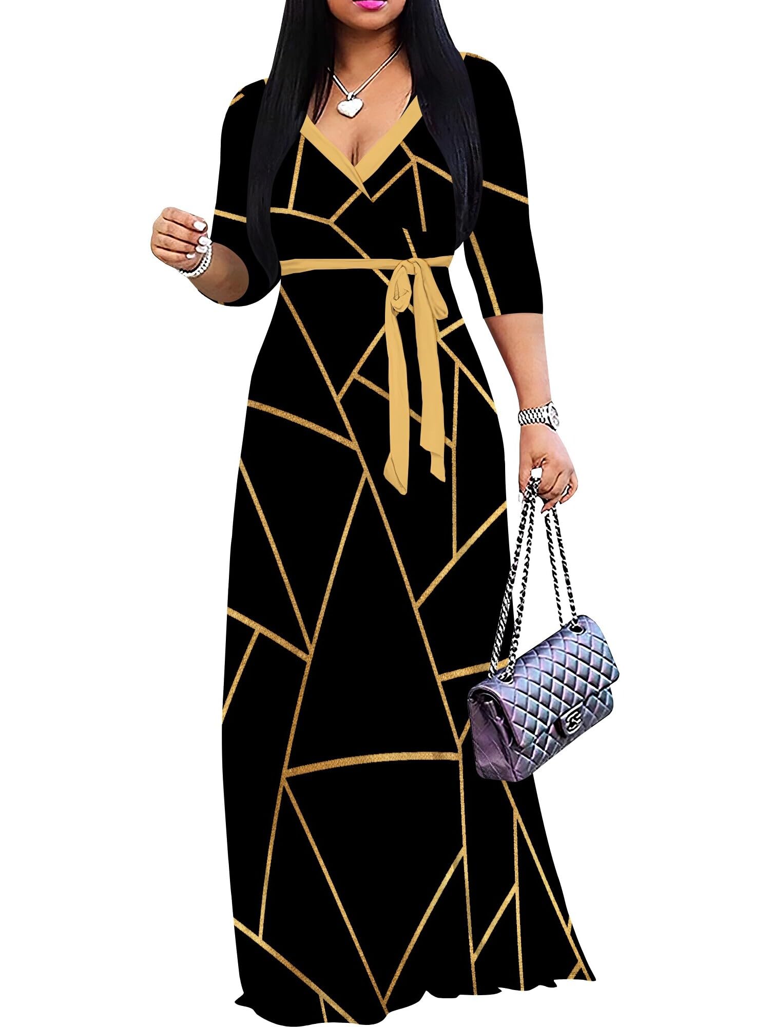 PinkPatty Plus Size Maxi Dress for Women 3/4 Sleeve V Neck Long Dress Casual Party Sundress with Belt (A-Gold-Striped Patchwork/Black 2XL)