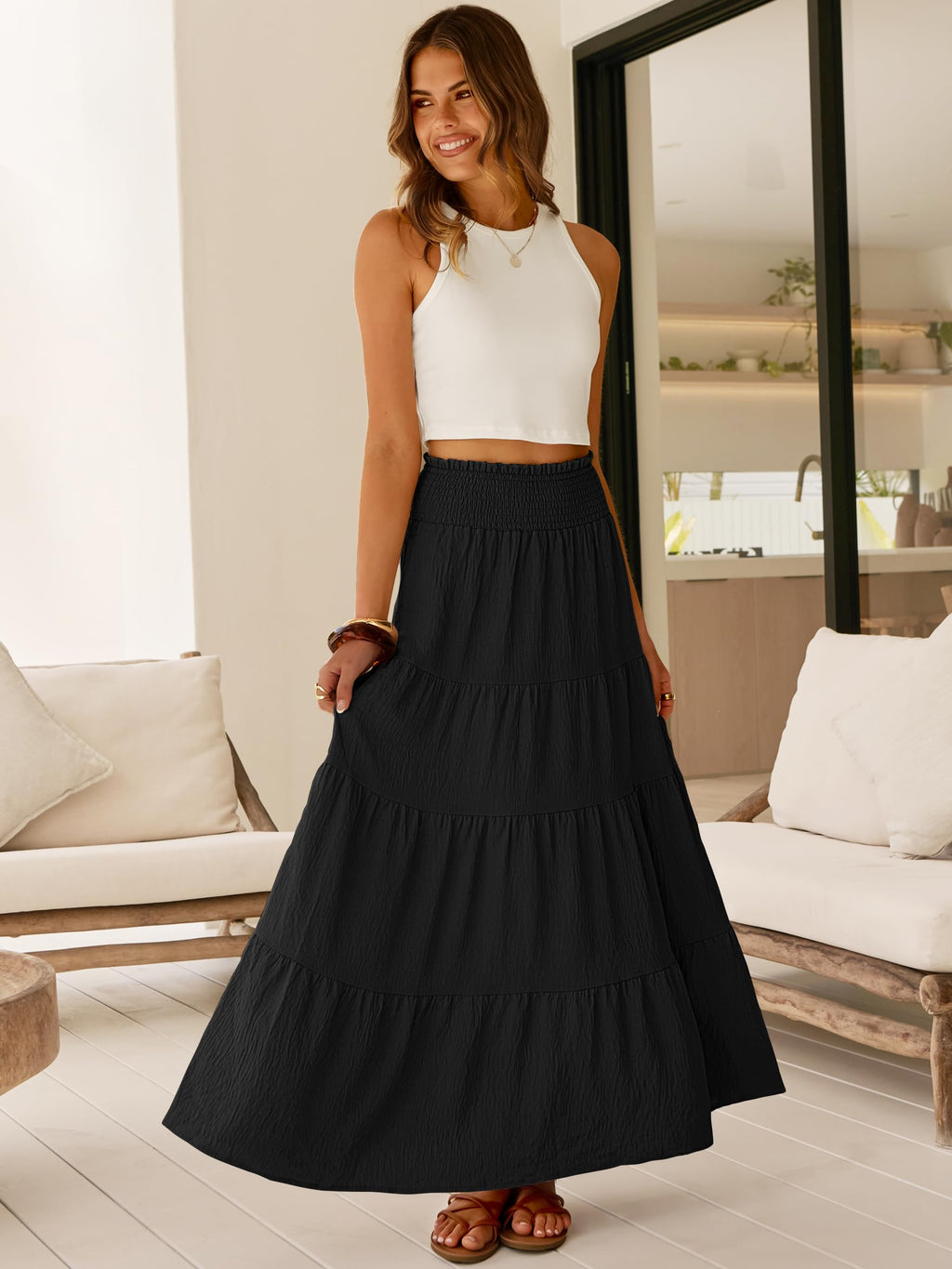 ANRABESS Womens Maxi Skirt Summer Boho Long Flowy Elastic High Waist A-Line Tiered Skirts 2026 Casual Beach Vacation Clothes Black L