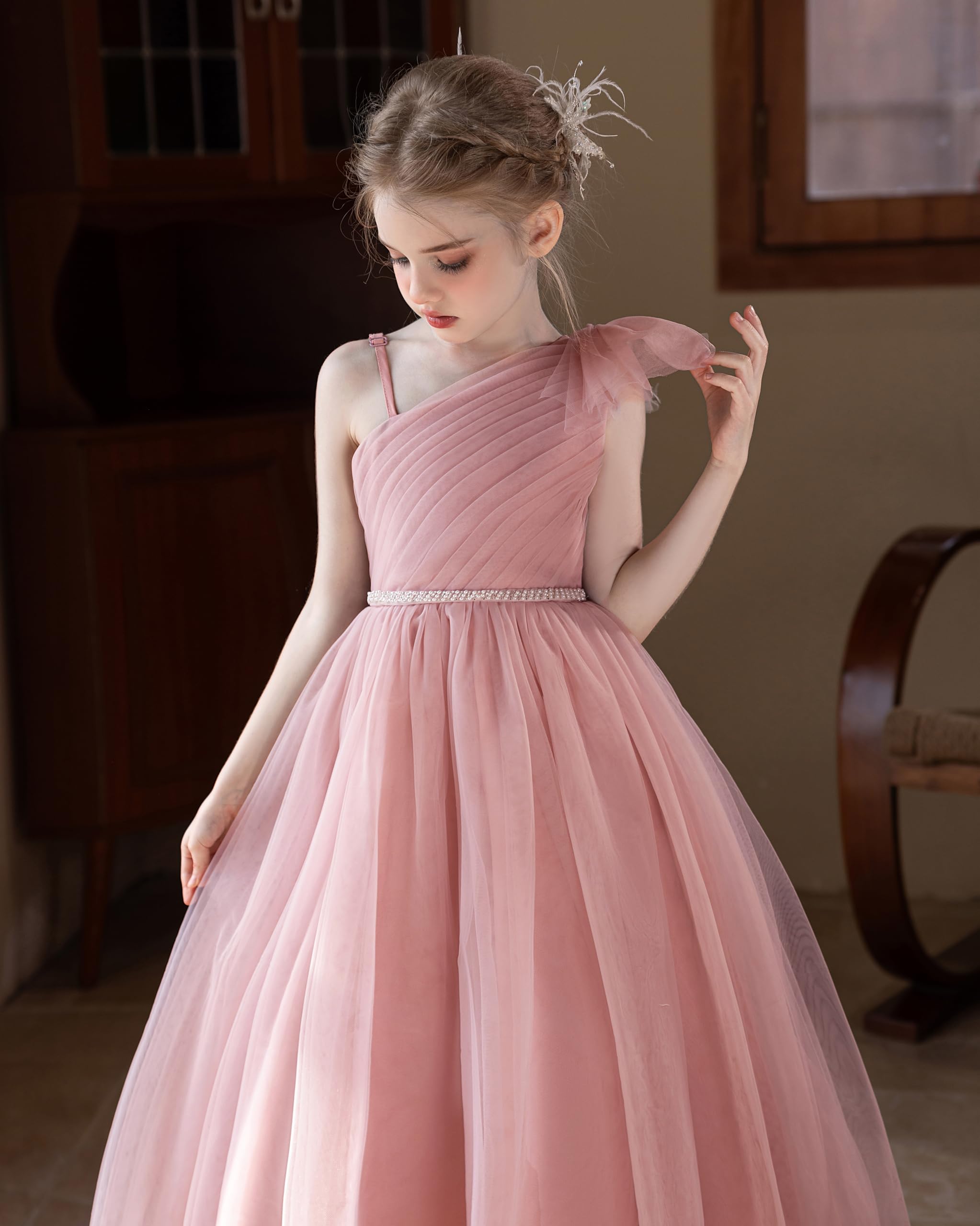 GetWish Tulle Flower Girls Dress One Shoulder Formal Princess Wedding Pageant Birthday Party Holiday Ball Gown Dresses