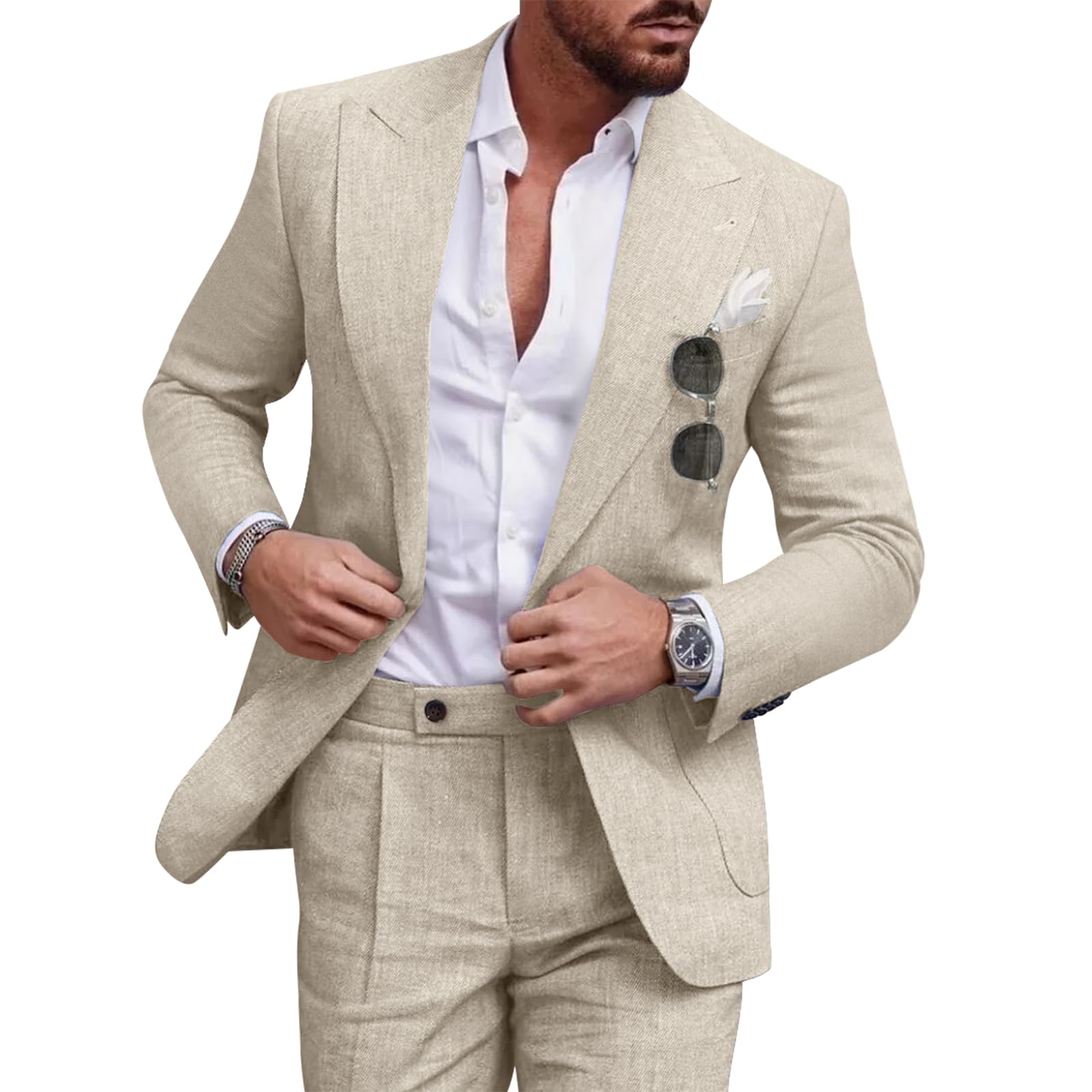 Diaryan Linen Men Suit Beige 2 Piece One Button Classic Fit Dress Suit Solid Jacket and Trousers Set for Wedding Business XS
