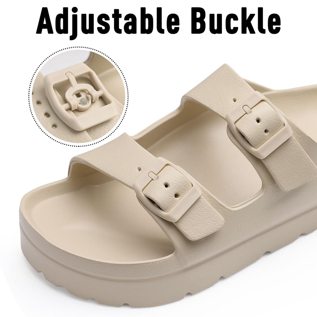 Goosecret Women's Platform Sandals with Arch Support Chunky Lightweight Foam Slip on Slides Comfortable Summer Beach Sandals with Adjustable Buckle Nude, 39(size 8-8.5)