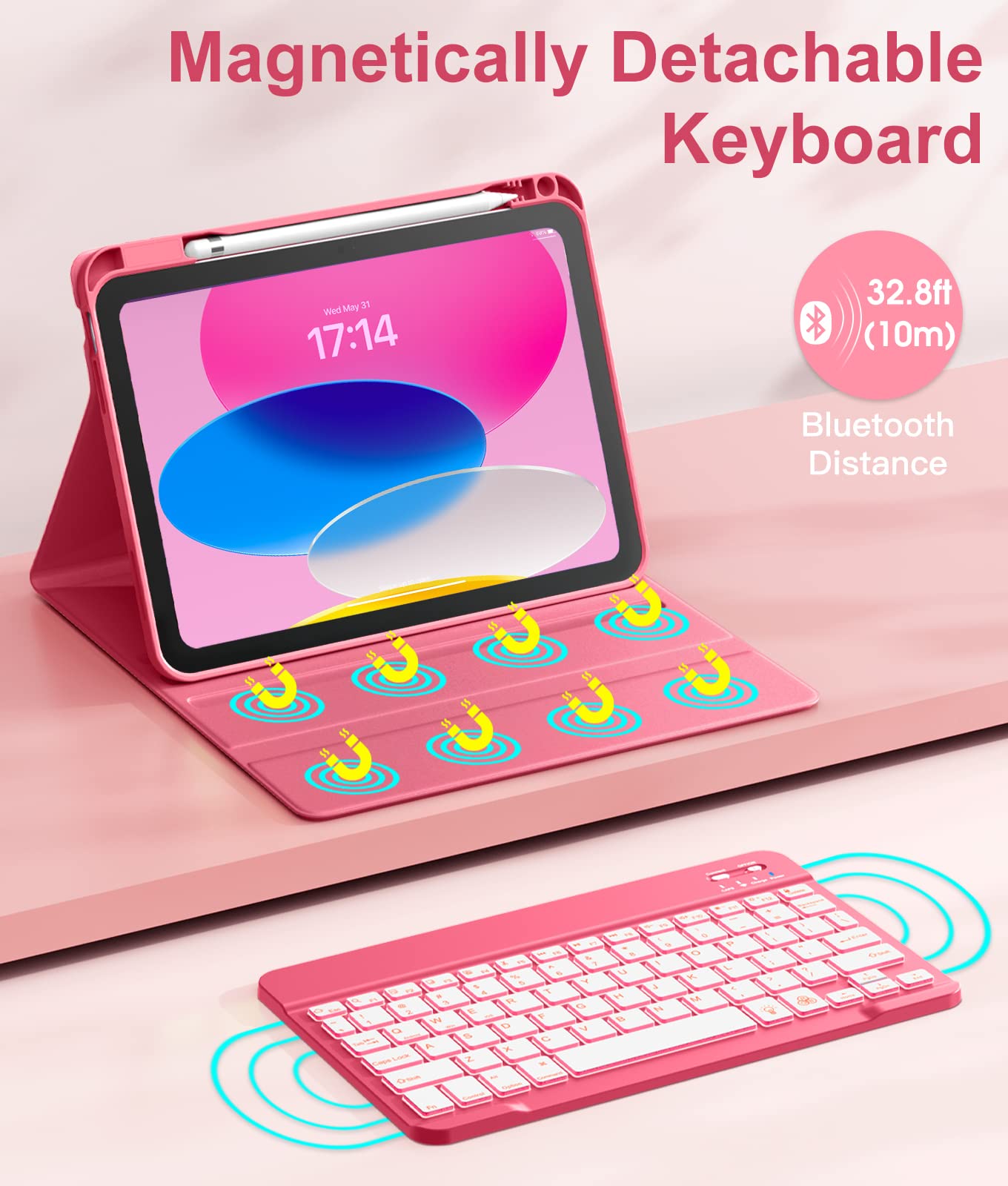 Hamile for iPad 11th 10th Generation Case with Keyboard - 7 Colors Backlit Wireless Detachable Folio Keyboard Cover with Pencil Holder for iPad 11-inch A16 2025 10th Gen 10.9 Inch 2022 (Pink)