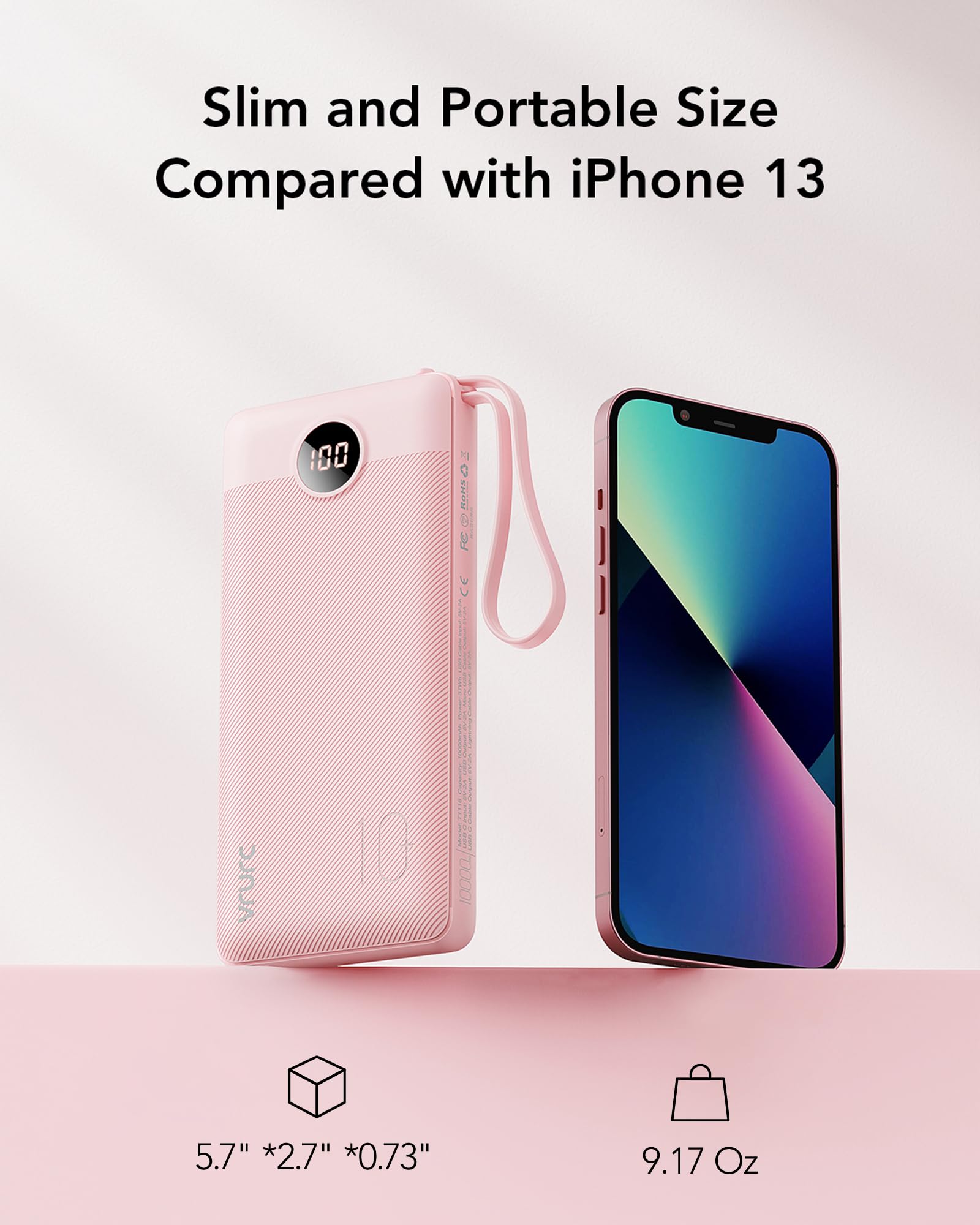 VRURC Portable Charger Power Bank, Built-in 4 Cables & 2 Ports,10000mAh Slim Battery Pack with LED Display, Travel Essential USB C Portable Phone Charger for iPhone 17 16 15, Samsung-Pink(1 Pack)
