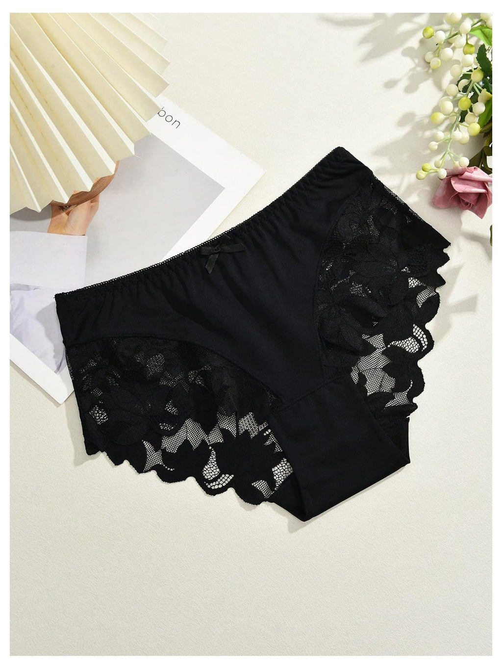 WDIRARA Women's Floral Lace Sheer Briefs High Waist Panties Sexy Seamless Underwear Black Solid Medium