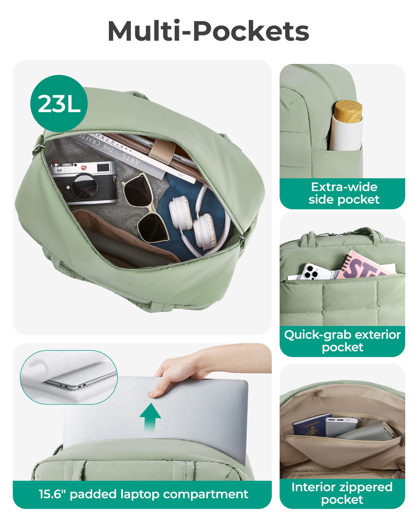 BAGSMART Gym Bag for Women, Carry on Travel Duffel Bag, Water-resistant Weekender with Shoe Compartment for Gym Travel Work, Green, Medium